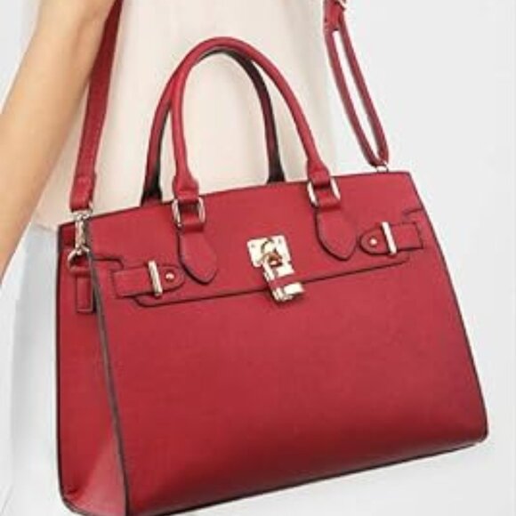 Neiman Marcus Dasein Women Red Vegan Leather Lock Style Top Handle Bag - Picture 2 of 4